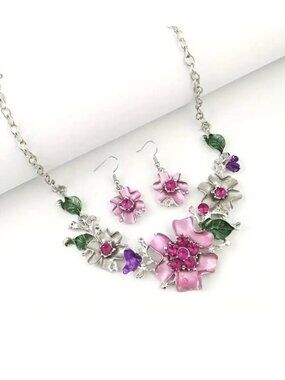 Necklace & Earring Set Flower Rhinestone Dangle Elegant Hollywood Glam Stylish